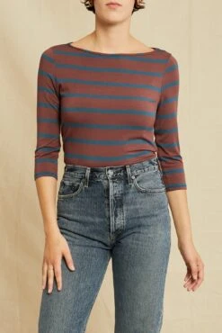 Francoise 3/4 Sleeve Dream Knit Tee - Maple Azure Stripe