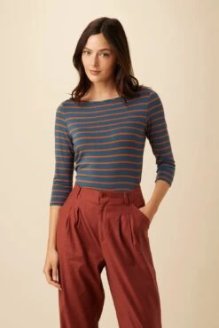 Francoise 3/4 Sleeve Dream Knit Tee - Azure Umber Stripe