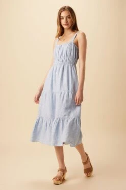 Elio Linen Midi Dress - Blue Natural Stripe