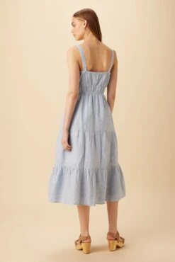 Elio Linen Midi Dress - Blue Natural Stripe -AGOLDE || CITIZENS OF HUMANITY Sales 10223 Elio Linen Blue Natural Stripe 3