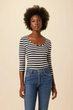 Cara 3/4 Sleeve Reverie Knit Tee - Navy And Ivory Stripe